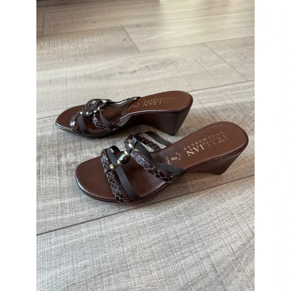 Italian Shoemakers Brown Snakeskin Strappy Wedge Sandals Made in Italy 7